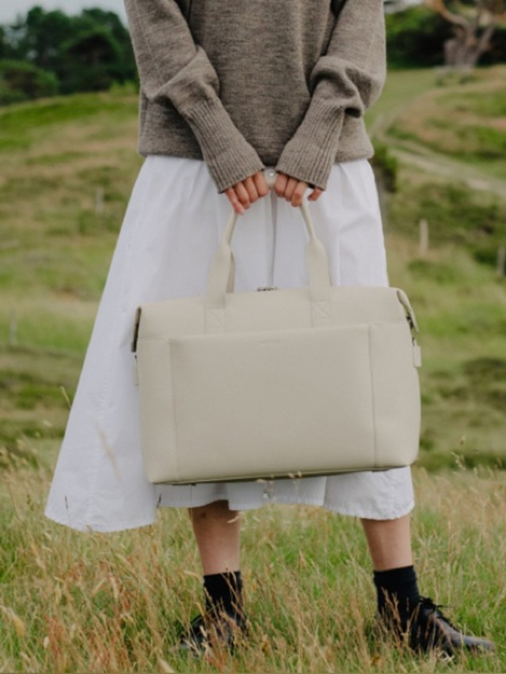 MONOS Metro Vegan Leather Duffel Bag with detachable pouch — ivory